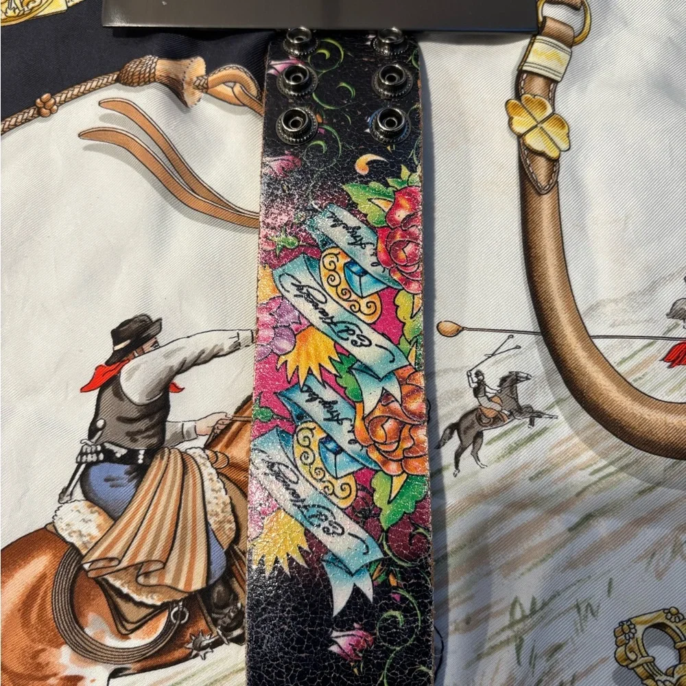 Ed Hardy Graphic Designed Handbag, NWT and Leather Cuff Bracelet, Preowned
